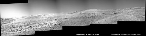 The summit of Solander Point.  Opportunity rover captured mosaic on Oct. 21, 2013 (Sol 3463) after beginning to ascend the northwestern slope of "Solander Point" on the western rim of Endeavour Crater - her 1st mountain climbing adventure.  Assembled from Sol 3463 pancam high resolution raw images by Marco Di Lorenzo and Ken Kremer.  Credit: NASA/JPL/Cornell/Marco Di Lorenzo/Ken Kremer