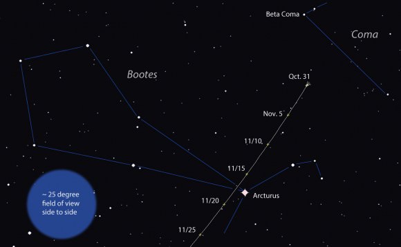 C/2012 X1 (LINEAR) hovers low in the northeast in Coma Berenices near Beta. Because it's much further from Earth than the other 3 comets it moves more slowly across the sky. Click to enlarge. 