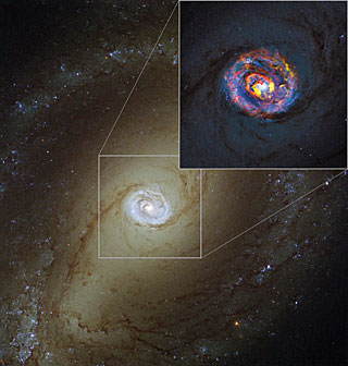 The main image, showing the nearby active galaxy NGC 1433, comes from the NASA/ESA Hubble Space Telescope. The coloured structures near the centre shown in the insert are from recent ALMA observations that have revealed a spiral shape, as well as an unexpected outflow, for the first time. Credit: ALMA (ESO/NAOJ/NRAO)/NASA/ESA/F. Combes