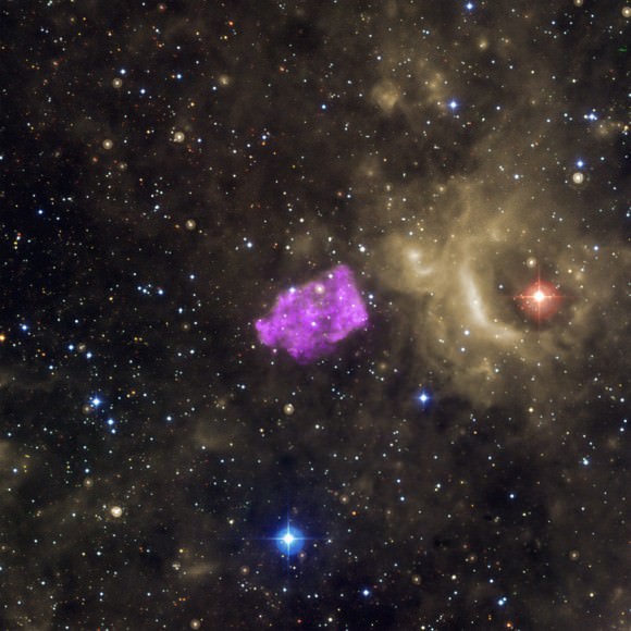 3C 397, sometimes called G41.1-0.3, is a supernova leftover that looks a little funny. It's possible that the shape comes from heated remains of the star's shell bump into cooler gas surrounding it. X-ray data from Chandra is purple, infrared data from the Spitzer Space Telescope is yellow, and optical data from the Digitized Sky Survey is in red, green and blue. Credit: X-ray: NASA/CXC/Univ of Manitoba/S.Safi-Harb et al, Optical: DSS, Infrared: NASA/JPL-Caltech