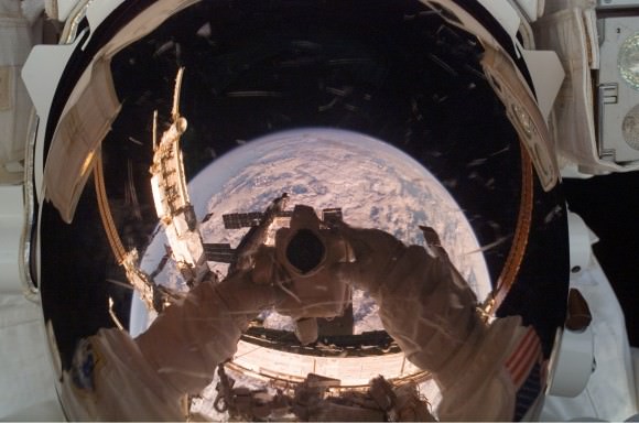 Expedition 15 crewmember and NASA astronaut Clay Anderson nabbed this self-portrait during a spacewalk in August 2007. Credit: NASA