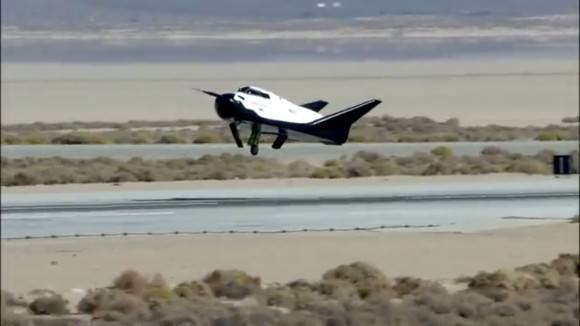 Left landing gear failed to deploy as private Dream Chaser spaceplane approaches runway at Edwards Air Force Base, Ca. during first free flight landing test on Oct. 26, 2103.   Credit: Sierra Nevada Corp.  See video below