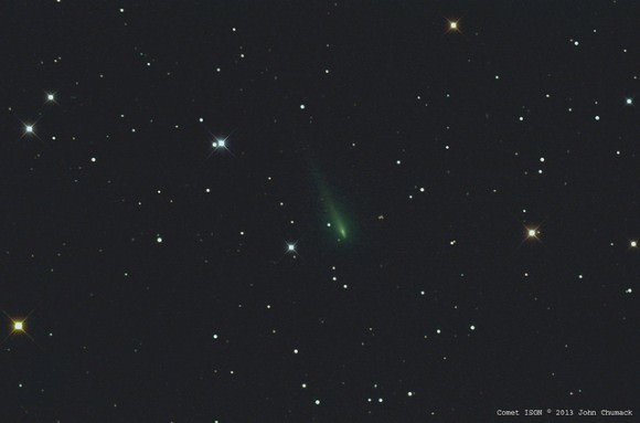 Comet ISON on October 9, 2013, an 18-minute exposure from 10:22 - 10:43 U.T.. Credit and copyright: John Chumack. 