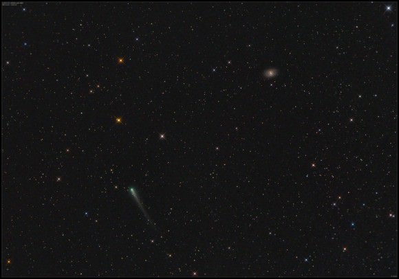 Comet C/2012 S1 ISON captured passing fairly close to the bright barred spiral galaxy M95 in Leo on October 24, 2013. Credit and copyright: Damian Peach. 
