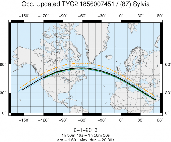 The path of the occultation of 87 Sylvia and an eleventh-magnitude star on Jan. 6, 2013. On the map, Sylvia is represented by a black line, with its path limits marked by blue lines. Its moons -- Romulus and Remus -- are represented by green and orange lines. Credit: IMCCE