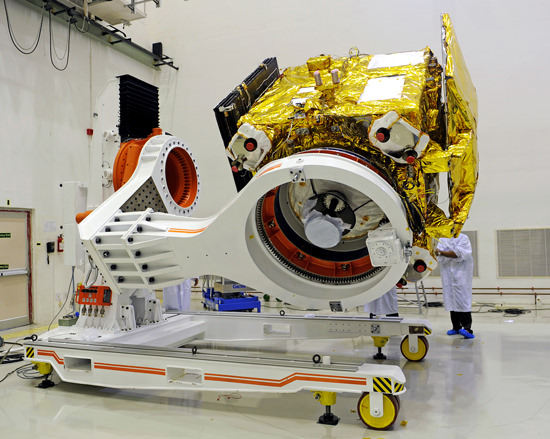 India’s Mars Orbiter Mission (MOM) spacecraft being prepared for a prelaunch test at Satish Dhawan Space Centre SHAR, Srihairkota. Credit: ISRO
