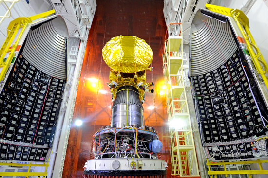 India’s Mars Orbiter Mission (MOM) Spacecraft attached to the 4th stage of PSLV-C25 and ready for heat shield closure. It is slated to launch on Nov. 5, 2013. Credit: ISRO 