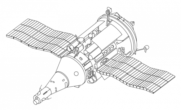 A line drawing of the TKS (Transportnyi Korabl’ Snabzheniia, or Transport Supply Spacecraft). It was intended to send crew and cargo together in one flight, but delays and a change in program priorities never allowed it to achieve that. According to NASA, versions of TKS (under the Cosmos designation) flew to the Salyut 6 and Salyut 7 space station. The cargo part of the spacecraft was also used for Russian base modules in the Mir space station and International Space Station. Credit: NASA/Wikimedia Commons