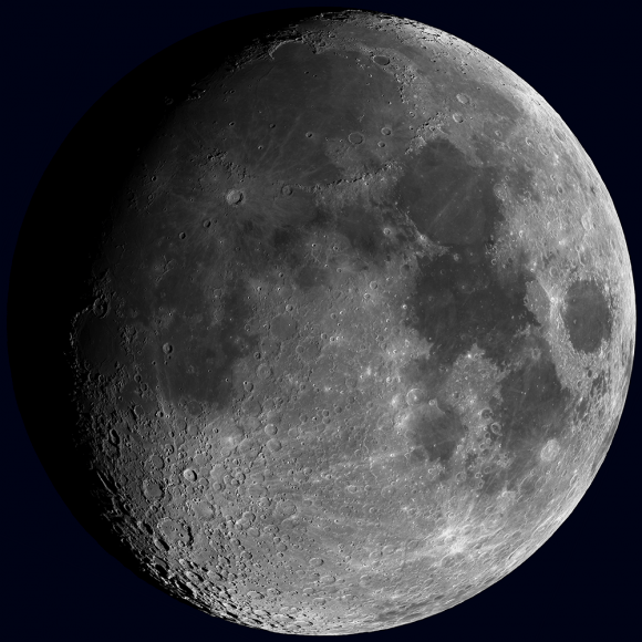 Synthetic view of the waxing Moon as viewed from Earth on 2013-10-15 17:00:00 UTC [NASA/GSFC/Arizona State University].