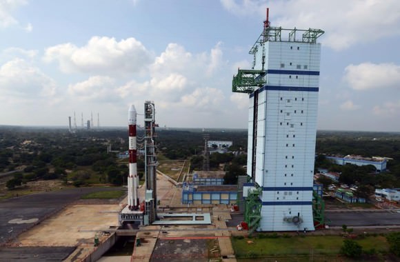 A bird's eye view of the Spaceport of India ! Panaromic view of First Launch Pad with 44 meter tall PSLV-C25 rocket during launch rehearsal - Ready to commence the space voyage of ISRO's Mars Orbiter Mission spacecraft. The Mobile service tower and the Second Launch pad are also seen.Credit: ISRO 