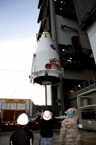 MAVEN Mated to Atlas. On  Nov. 8,2013, NASA's Mars Atmosphere and Volatile Evolution, or MAVEN spacecraft, is hoisted to the top of a United Launch Alliance Atlas V rocket at the Vertical Integration Facility at Launch Complex 41. Credit: NASA/Kim Shiflett