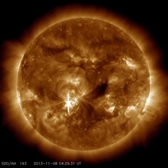 NASA's Solar Dynamics Observatory captured this image of the sun showing an X1.1 class flare that peaked at 11:26 p.m. EST on Nov. 7, 2013. Increased numbers of flares are quite common at the moment as the sun's normal 11-year activity cycle is ramping up toward solar maximum conditions. Image Credit: NASA/SDO