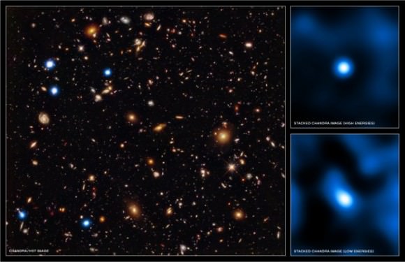 Composite image from Chandra and Hubble showing supermassive black holes in the early Universe.