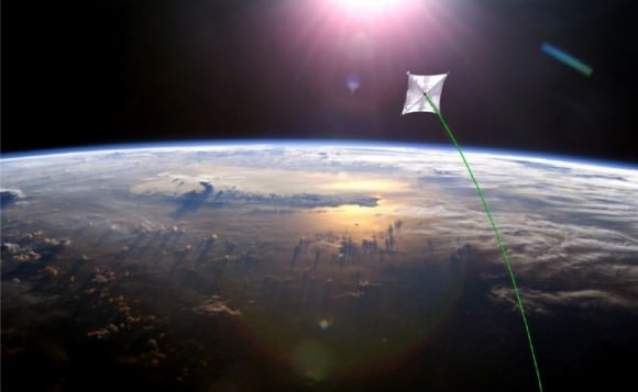 Artist concept of a solar sail demonstration mission that will use lasers for naviation. Credit: NASA.