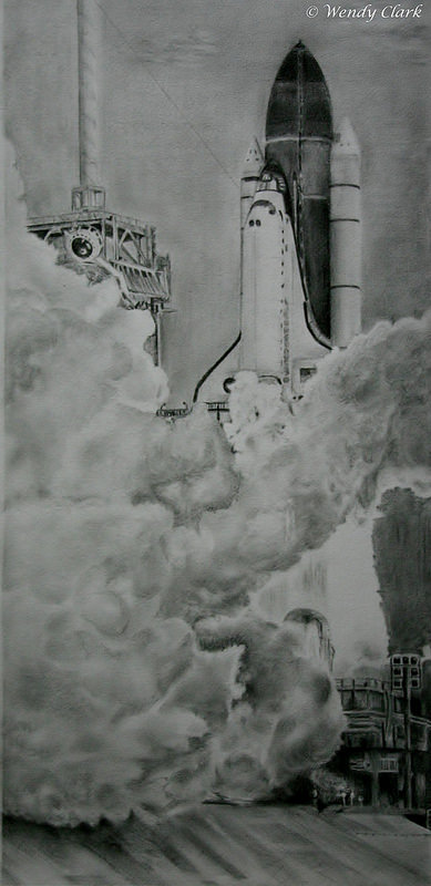 An original graphite drawing of the final launch of the space shuttle program, STS-135. Credit and copyright: Wendy Clark. 
