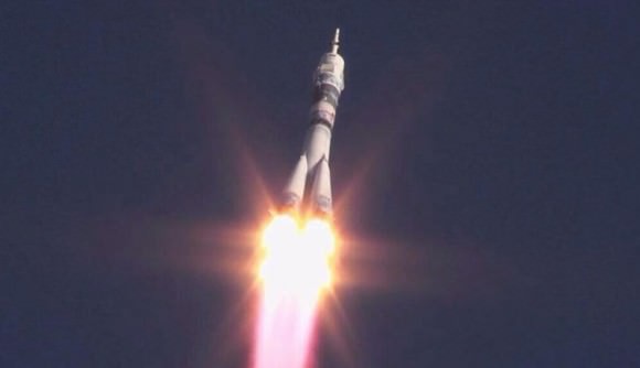 The Soyuz TMA-11M spacecraft launches from the Baikonur Cosmodrome  with the crew of Expedition 38. Via NASA TV. 