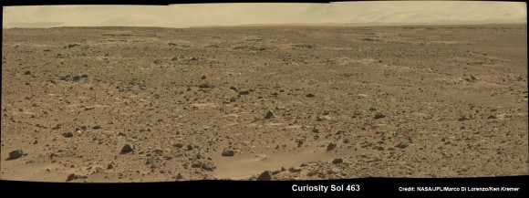 Curiosity scans the Martian landscape to the distant rim of Gale Crater landing site on Sol 463, November 2013.  Credit: NASA / JPL / MSSS / Marco Di Lorenzo / Ken Kremer- kenkremer.com