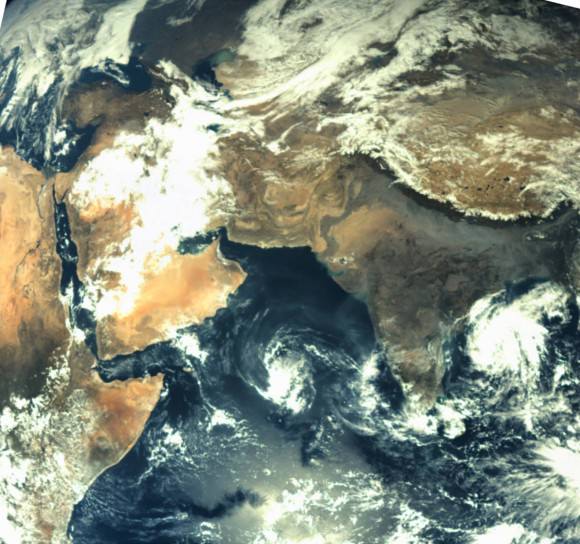 First ever image of Earth Taken by Mars Color Camera aboard India’s Mars Orbiter Mission (MOM) spacecraft while orbiting Earth and before the Trans Mars Insertion firing on Dec. 1, 2013. Image is focused on the Indian subcontinent.  Credit: ISRO  
