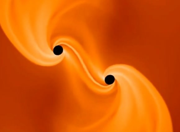 Two nascent black holes formed by the collapse of an early supergiant star. From a visualization by by Christian Reisswig (Caltech).