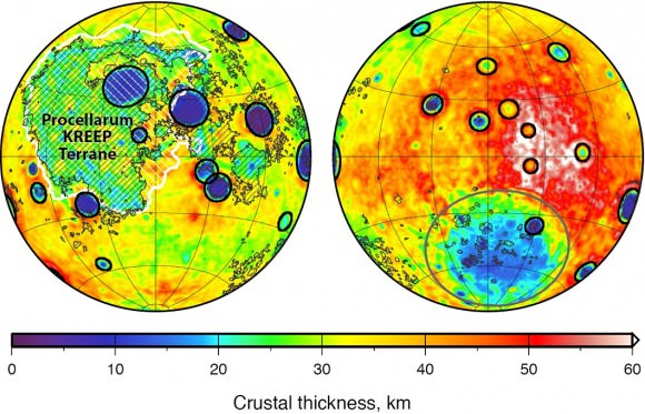 The thickness of the moon's crust as calculated by NASA's GRAIL mission. The near side is on the left-hand side of the picture, and the far side on the right. Credit: NASA/JPL-Caltech/S. Miljkovic