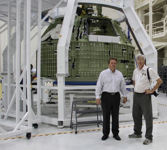 Orion EFT-1 capsule under construction inside the Structural Assembly Jig at the Operations and Checkout Building (O & C) at the Kennedy Space Center (KSC); Jules Schneider, Orion Project Manager for Lockheed Martin and Ken Kremer, Universe Today.  Credit: Ken Kremer - kenkremer.com