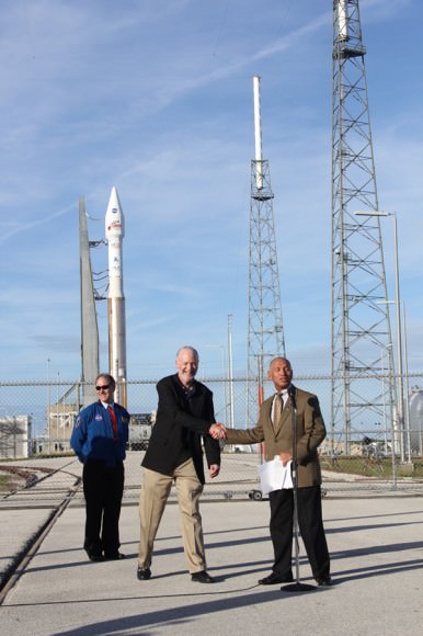 NASA Administrator Charles Bolden (right) shaking hands and congratulating MAVEN Mars probe chief scientist Bruce Jakosky (center) during media Q & A session with NASA Science Chief John Grunsfeld in front of the Atlas V rocket poised to blastoff from Launch Complex 41 at Cape Canaveral Air Force Station on Nov. 18, 2013. Credit: Ken Kremer/kenkremer.com 