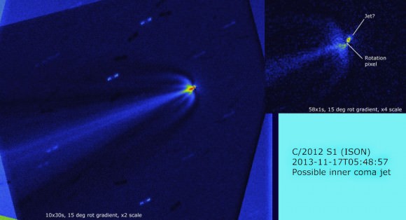 Processed images showing a possible jet next to Comet ISON' nucleus as well as the new wing-like coma structures on Nov. 17, 2013.  The jet's position angle or PA is 150 degrees or southeast of the nucleus. Credit: Denis Buczynski and Nick James