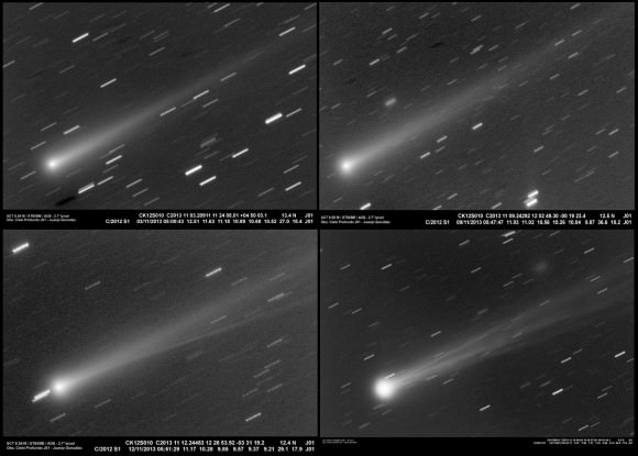You can watch Comet ISON evolve right before your eyes in this panel of photos taken by Juanjo Gonzalez. Top  row left-right: Nov. 3 and Nov. 9. Bottom row left right: Nov. 12 and Nov. 14. The tail structure changes are dramatic. Click to enlarge. Credit: Juanjo Gonzalez