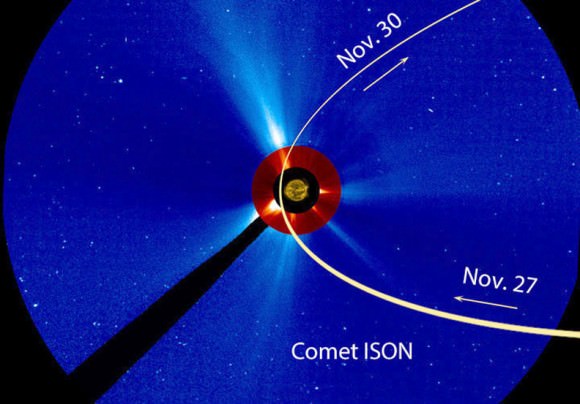 Comet ISON will be under constant view Nov. 27-30 in the SOHO coronagraph, an instrument that blocks the sun so scientists can study the near-solar environment. Click to see images. Credit: NASA/ESA
