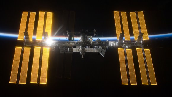 The International Space Station in March 2009 as seen from the departing STS-119 space shuttle Discovery crew. Credit: NASA/ESA