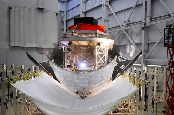 The three panels or fairings encapsulating a stand-in for Orion’s service module successfully detach during a test Nov. 6, 2013 at Lockheed Martin’s facility in Sunnyvale, Calif. Image Credit: Lockheed Martin