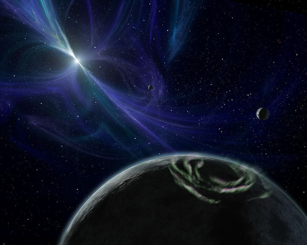 Artist's impression of the planets orbiting PSR B1257+12. Credit: NASA/JPL-Caltech/R. Hurt (SSC)