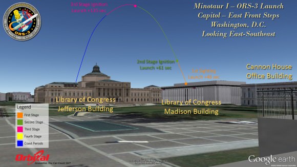 Minotaur 1 launch trajectory map for the US Capitol, Washington, DC.  Credit: Orbital Sciences  
