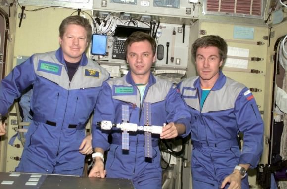 The Expedition 1 crew, which docked with the space station on Nov. 2, 2000. From left, NASA's Bill Shepherd, and Roscosmos' Yuri Gidzenko and Sergei Krikalev. Humans have lived continuously in orbit since that day, more than 13 years ago. Credit: NASA