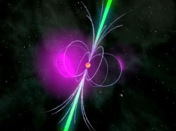 Artist's conception of a gamma-ray pulsar. Gamma rays are shown in purple, and radio radiation in green. Credit: NASA/Fermi/Cruz de Wilde