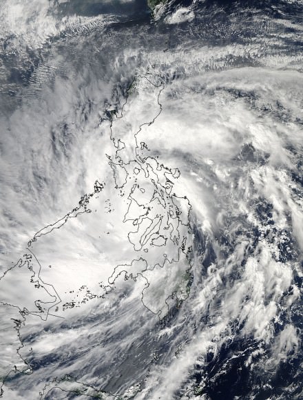 As Super-Typhoon Haiyan moved over the central Philippines on Nov. 8 at 05:10 UTC/12:10 a.m. EDT, the MODIS instrument aboard NASA's Aqua satellite captured this visible image.   Credit: NASA Goddard MODIS Rapid Response Team