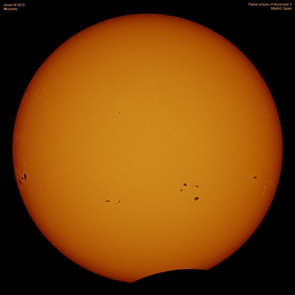The eclipsed Sun, with sunspots, as seen from Madrid, Spain. Credit and copyright: Álvaro Ibáñez.