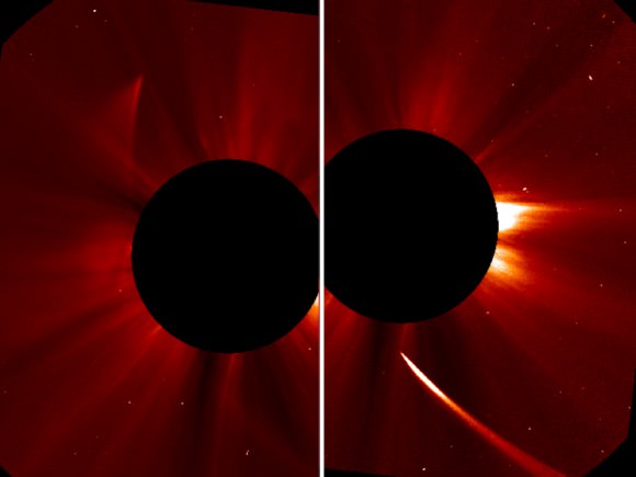 After its closest approach to to the sun on Nov. 28 (left), Comet ISON appeared a dim shadow of its former self (at right). "The comet may still be intact," NASA wrote on Nov. 29. Images from the Solar and Heliospheric Observatory. Credit: ESA/NASA/SOHO/Jhelioviewer