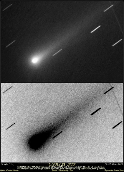 Comet ISON C/2012 S1 On October 31st, 09:17-34 UTC. Coma much denser now around the nucleus and possibly both tails (Ion,Dust) on negative image (lower right) 17 x 1 minute exposures. Credit and copyright: Efrain Morales/Jaicoa Observatory 
