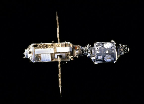 It's a baby space station! The Russian Zarya module (left) and U.S. Unity module after they were joined on Dec. 4, 1998. Photograph taken by the STS-88 crew aboard space shuttle Endeavour. Credit: NASA