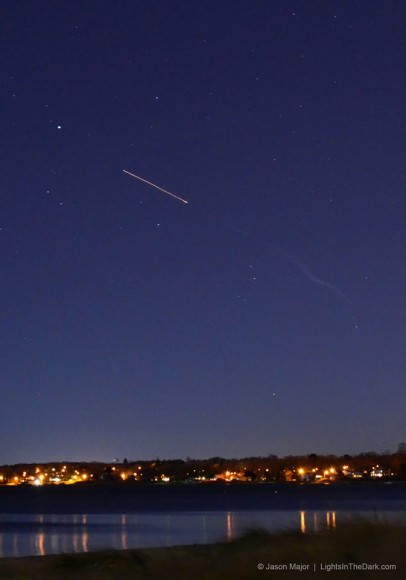 This was a portion of the second stage flight of a Minotaur I rocket launched from Wallops Island, Virginia, seen from Conimicut Point in Warwick at around 8:17 p.m. EST on Nov. 19, 2013. Credit and copyright: Jason Major. 