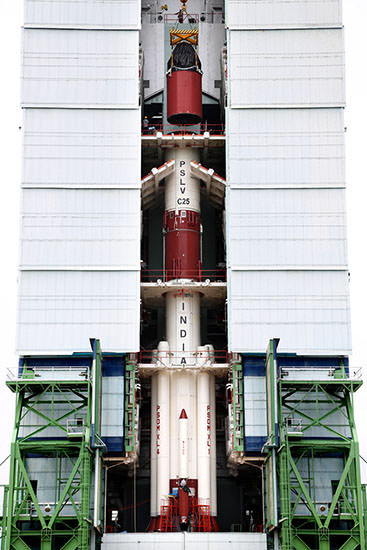 Stacking of the  PSLV-C25/Mars Orbiter Mission rocket stages at the Satish Dhawan Space Centre, SHAR, India. Credit: IRSO
