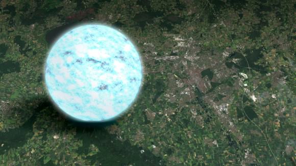 Artist's illustration of a neutron star, a tiny remnant that remains after its predecessor star explodes. Here, the 12-mile (20-kilometer) sphere is compared with the size of Hannover, Germany. Credit: NASA's Goddard Space Flight Center