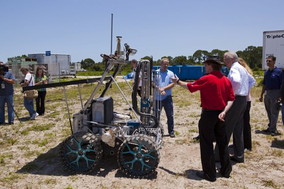 The RESOLVE payload and Canadian rover during field testing at the Kennedy Space Center near Orlando, Fla. in 2012. Credit: NASA/Dmitri Gerondidakis