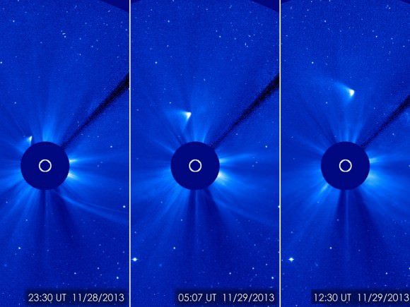 Bright, brighter, brightest: these views of Comet ISON after its closest approach to the sun Nov. 28 show that a small part of the nucleus may have survived the encounter. Images from the Solar and Heliospheric Observatory. Credit: ESA/NASA/SOHO/GSFC