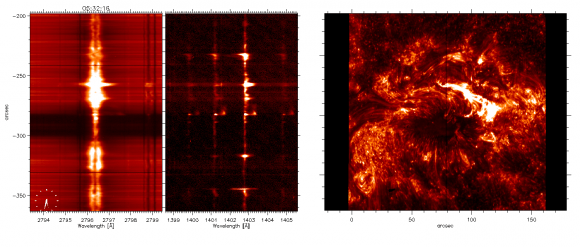 Slit jaw spectra images (the two strips to the left) and imaging a spicules 9to the right as seen by IRIS. (Credit: NASA/IRIS).