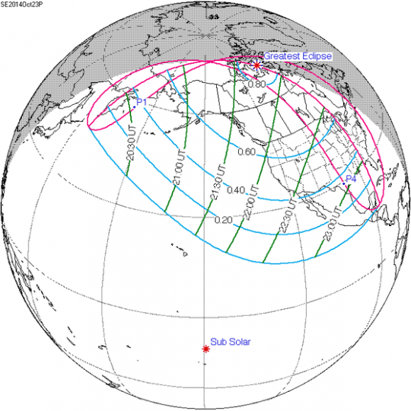 The partial solar eclipse of October 23rd, 2014. (Credit: NASA/GSFC/Fred Espenak).