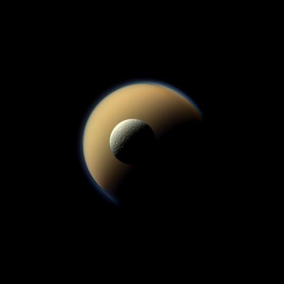 Rhea (front) and Titan, images by Cassini in June 2011 (Credit: NASA/JPL-Caltech/Space Science Institute)