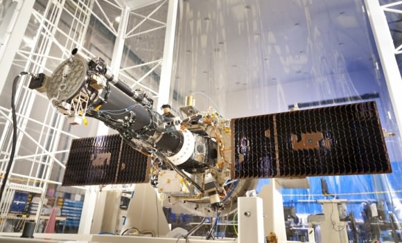 IRIS in the clean room. The spacecraft is only about 2 metres in length, about the height of a person. (Credit: Lockheed Martin).