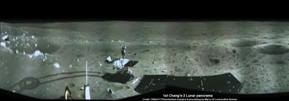 Portion of 1st panorama around Chang’e-3 landing site after China’s Yutu rover drove onto the Moon’s surface on Dec. 15, 2013. The images were taken by Chang’e-3 lander following Dec. 14 touchdown. Panoramic view was created from screen shots of a news video assembled into a mosaic. Credit: CNSA/CCTV/screenshot mosaics & processing by Marco Di Lorenzo/Ken Kremer See the complete panorama below   Story updated